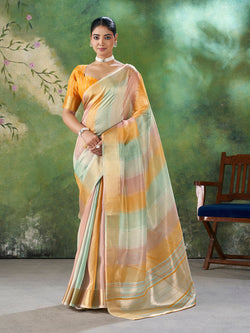 Evanescent Multicolor Zari Weaving Linen Silk Saree With Flaunt Blouse Piece