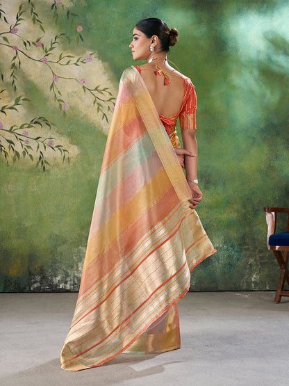 Mesmerising Multicolor Zari Weaving Linen Silk Saree With Enigmatic Blouse Piece