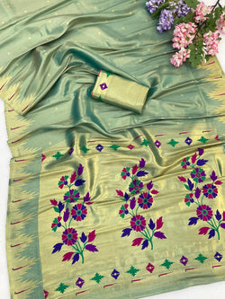Bucolic Pista Tissue Silk Paithani Saree With Appealing Blouse Piece