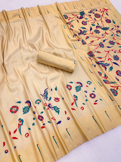 Extraordinary Beige Tissue Silk Paithani Saree With Dissemble Blouse Piece