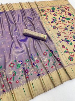 Magnificat Lavender Tissue Silk Paithani Saree With Rhapsody Blouse Piece