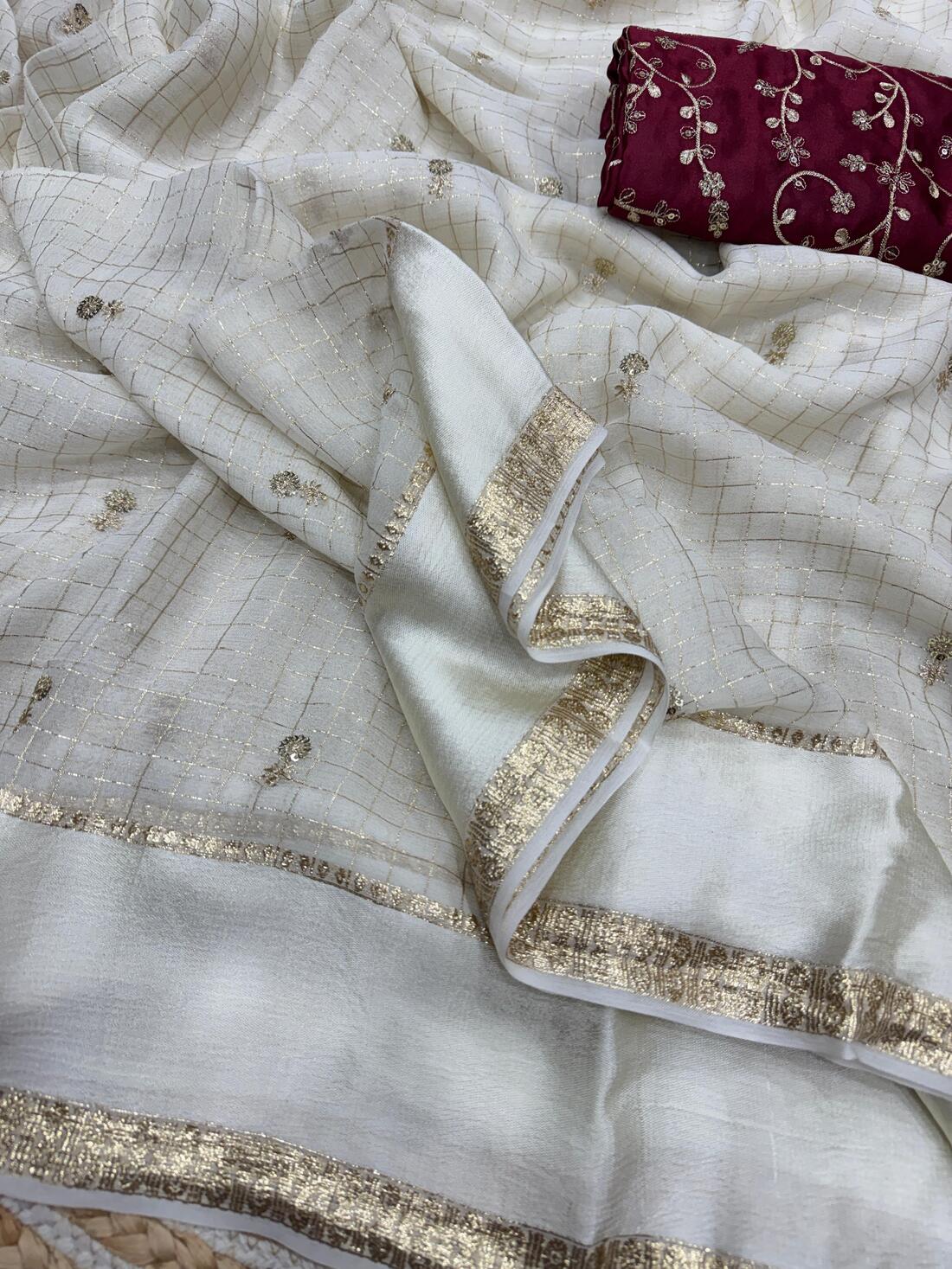 Charming Off White Sequence Work Viscose Georgette Saree With Opulent Blouse Piece