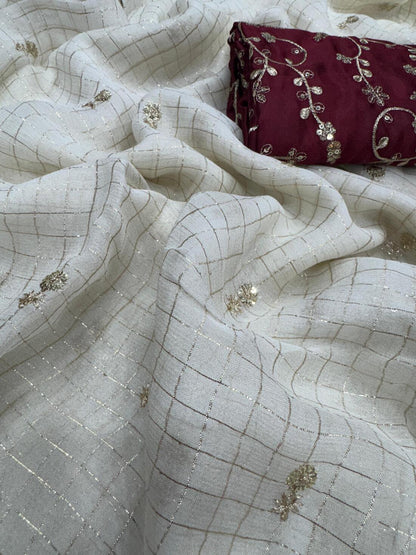 Charming Off White Sequence Work Viscose Georgette Saree With Opulent Blouse Piece