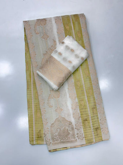 Susurrous Beige Banarasi Tissue Silk Saree With Enticing Blouse Piece