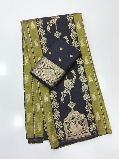 Skinny Black Banarasi Tissue Silk Saree With Seraglio Blouse Piece