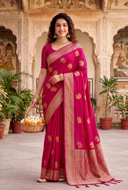 Resonant Dark Pink Banarasi Khadi Silk Saree With Mellifluous Blouse Piece
