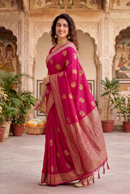 Resonant Dark Pink Banarasi Khadi Silk Saree With Mellifluous Blouse Piece