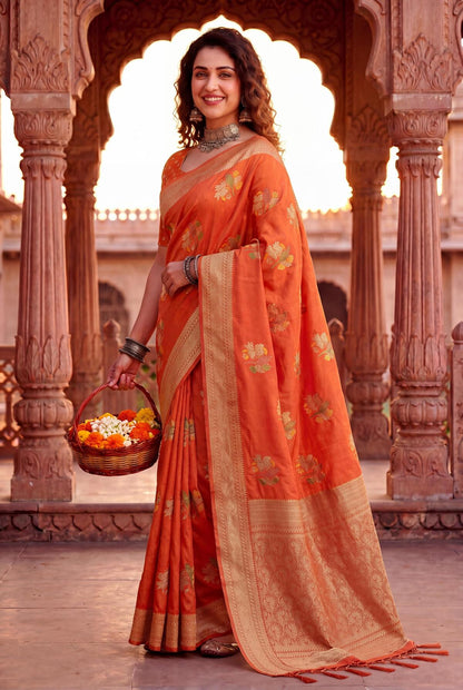 Refreshing Orange Banarasi Khadi Silk Saree With Exuberant Blouse Piece