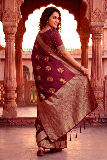 Captivating Wine Banarasi Khadi Silk Saree With Arresting Blouse Piece