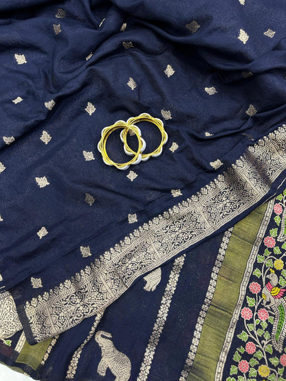 Panache Black Banarasi Tissue Silk Saree With Fancifull Blouse Piece