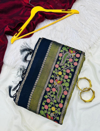 Panache Black Banarasi Tissue Silk Saree With Fancifull Blouse Piece