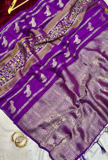 Vivacious Purple Banarasi Tissue Silk Saree With Hypnotic Blouse Piece