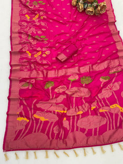 Sizzling Dark Pink Khadi Georgette Banarasi Silk Saree With Quixotic Blouse Piece