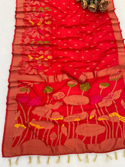 Gratifying Red Khadi Georgette Banarasi Silk Saree With Serendipity Blouse Piece