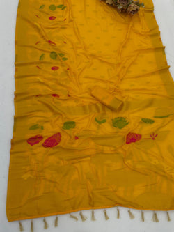 Staring Yellow Khadi Georgette Banarasi Silk Saree With Precious Blouse Piece