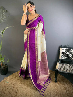 Fugacious Beige Pure Zari Weaving Banarasi Silk Saree With Brood Blouse Piece