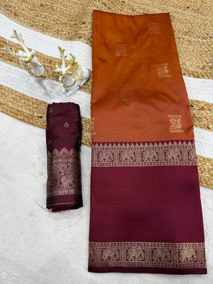 Majestic Orange Pure Zari Weaving Banarasi Silk Saree With Grandiose Blouse Piece