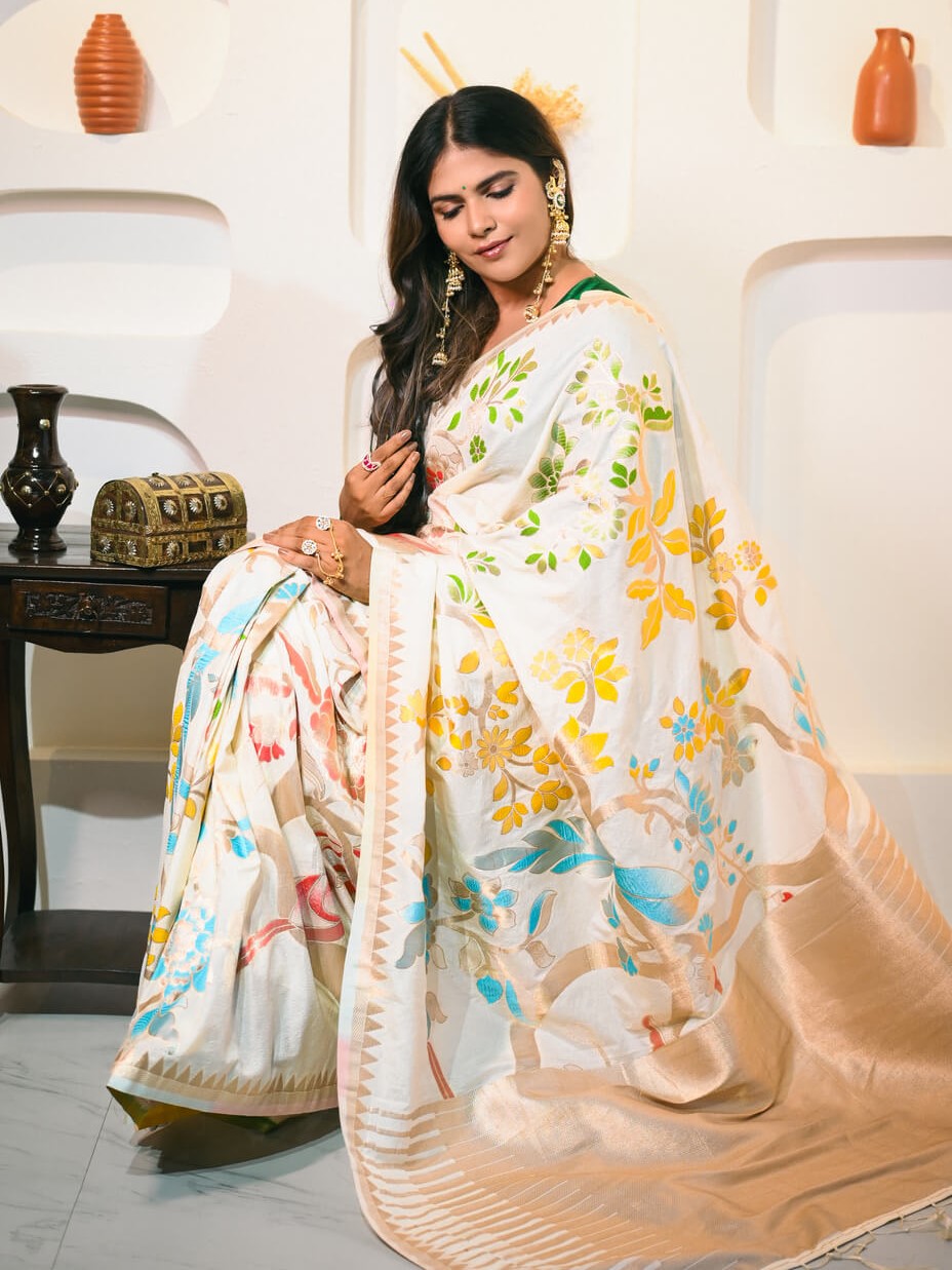 Rhapsodic Beige Khadi Georgette Banarasi Silk Saree With Ethereal Blouse Piece