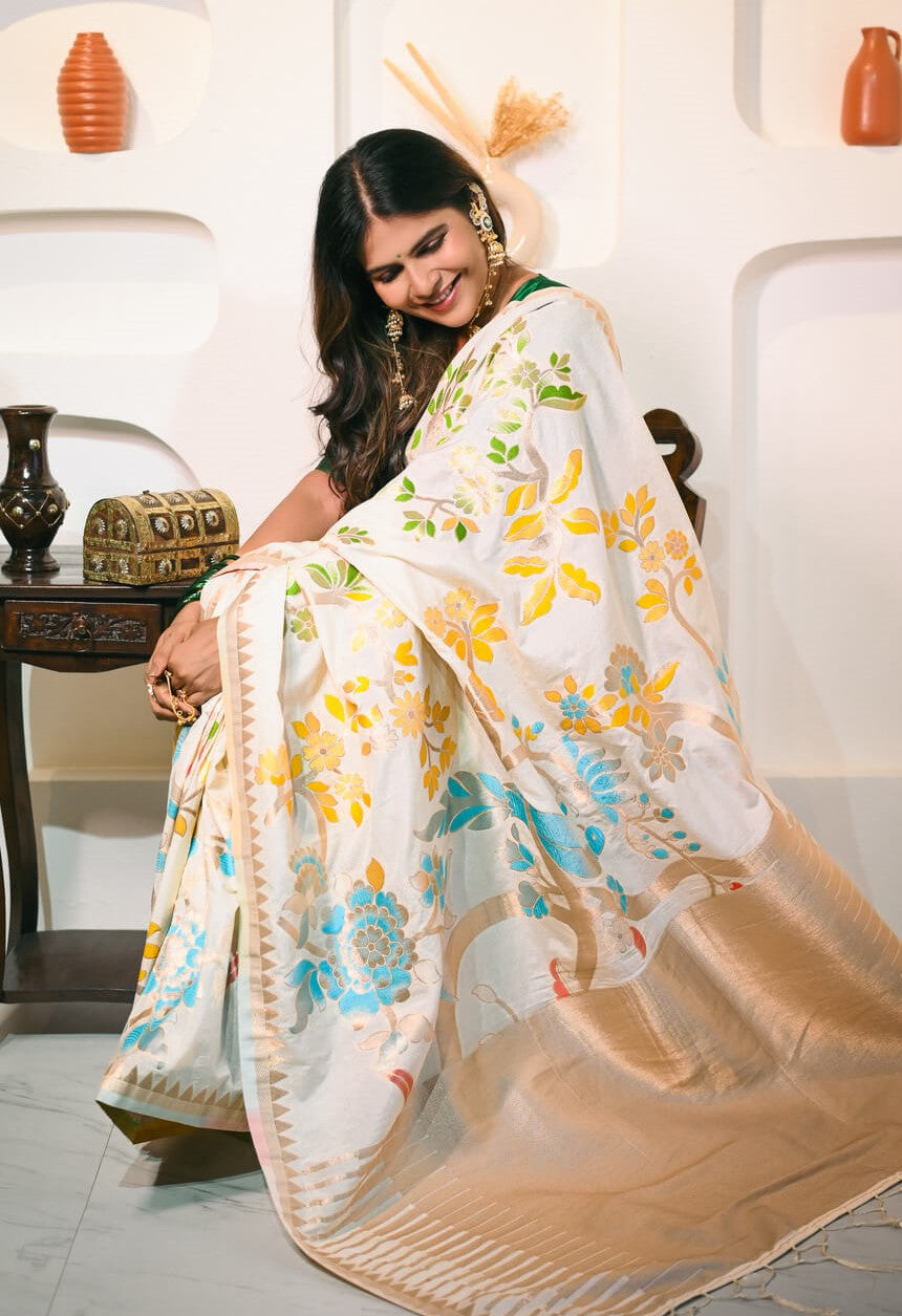 Rhapsodic Beige Khadi Georgette Banarasi Silk Saree With Ethereal Blouse Piece