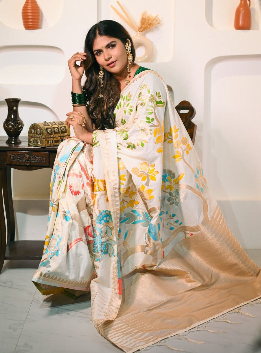 Rhapsodic Beige Khadi Georgette Banarasi Silk Saree With Ethereal Blouse Piece