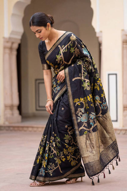 Gleaming Black Khadi Georgette Banarasi Silk Saree With Moiety Blouse Piece