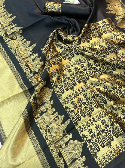 Luxuriant Black Soft Silk Saree With Beleaguer Blouse Piece