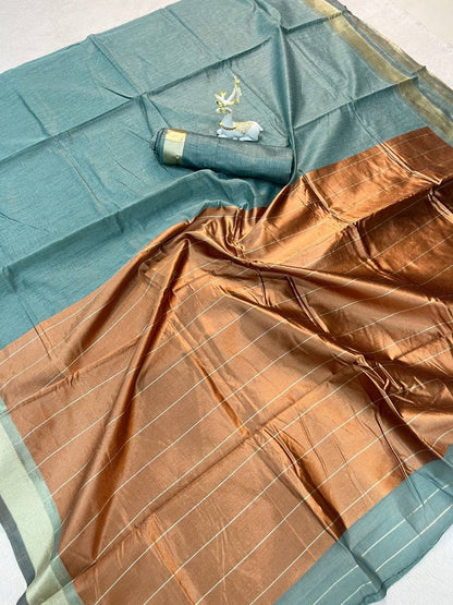 Enthralling Sea Green Cotton Silk Saree With Embellished Blouse Piece