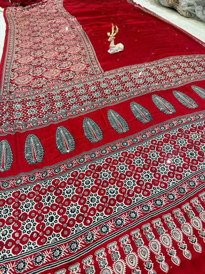 Imbrication Maroon Ajrakh Printed Mirror Work Satin Silk Saree With Evocative Blouse Piece