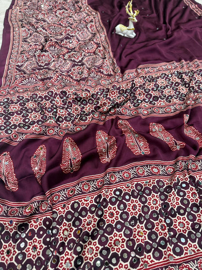 Ailurophile Purple Ajrakh Printed Mirror Work Satin Silk Saree With Lagniappe Blouse Piece