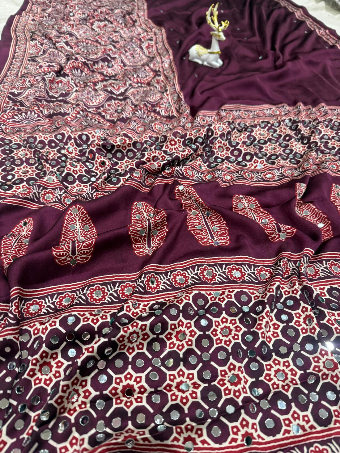 Ailurophile Purple Ajrakh Printed Mirror Work Satin Silk Saree With Lagniappe Blouse Piece