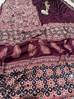 Ailurophile Purple Ajrakh Printed Mirror Work Satin Silk Saree With Lagniappe Blouse Piece