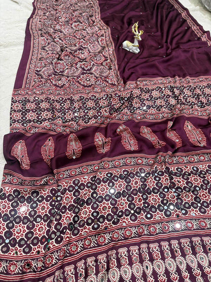 Ailurophile Purple Ajrakh Printed Mirror Work Satin Silk Saree With Lagniappe Blouse Piece