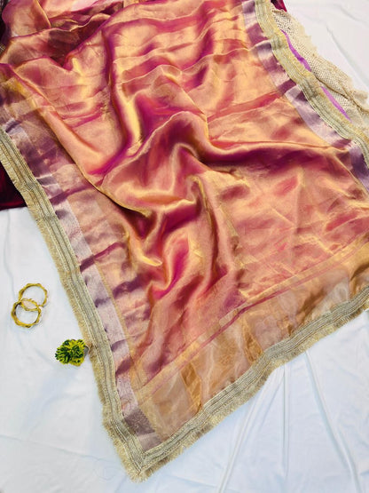 Glorious Pink Tissue Silk Saree With Gleaming Blouse Piece