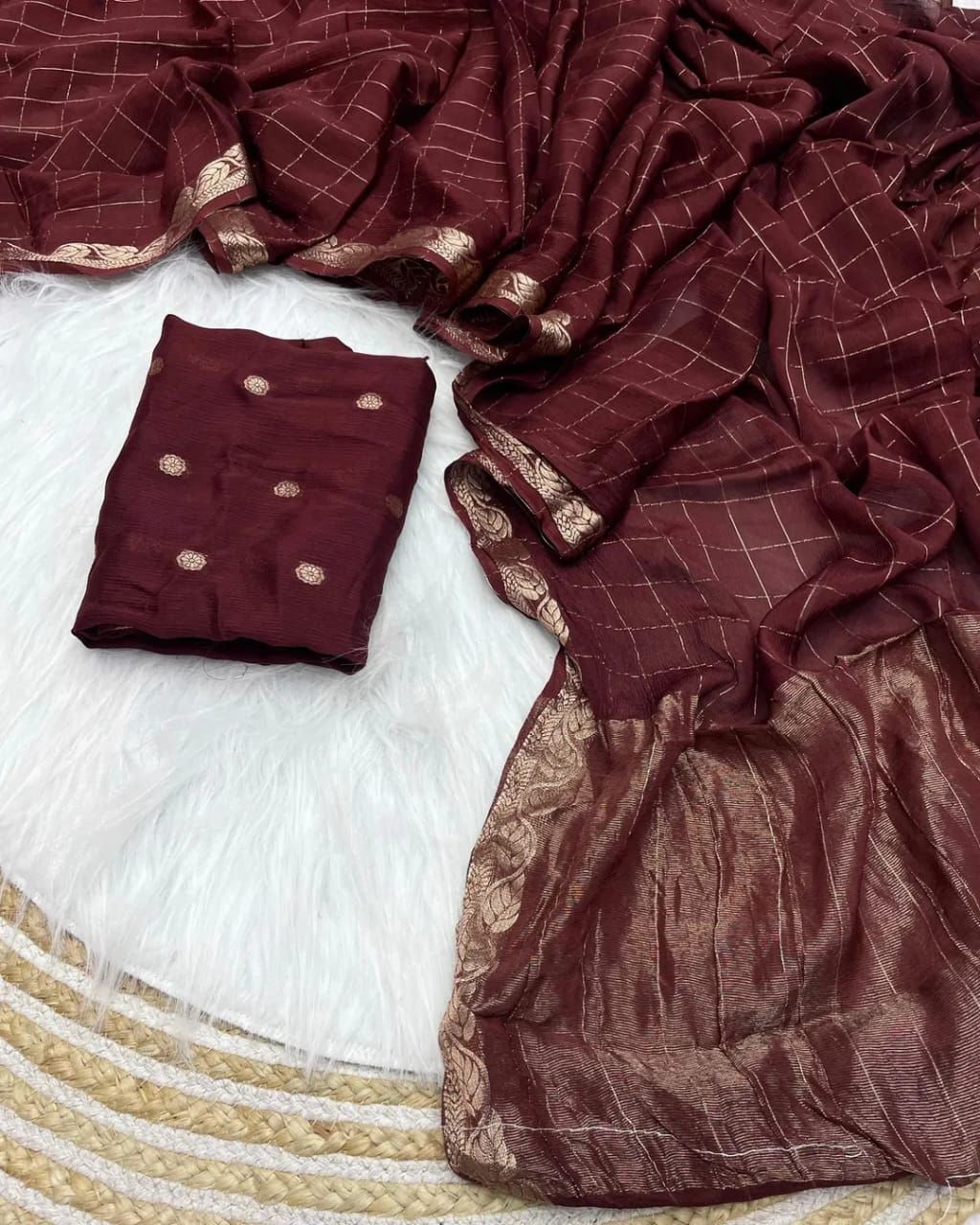 Exuberant Brown Banarasi Georgette Silk Saree With Scrumptious Blouse Piece