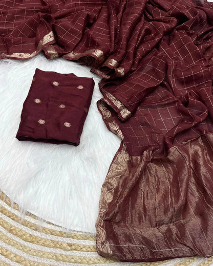 Exuberant Brown Banarasi Georgette Silk Saree With Scrumptious Blouse Piece