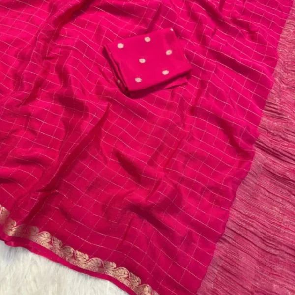 Staring Dark Pink Banarasi Georgette Silk Saree With Ineffable Blouse Piece