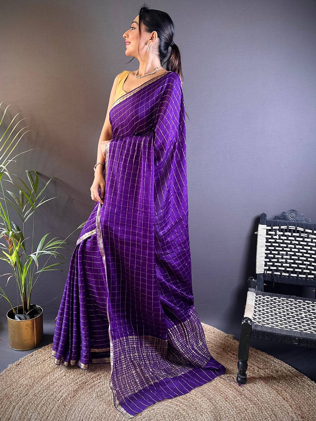 Brood Purple Banarasi Georgette Silk Saree With Sensational Blouse Piece