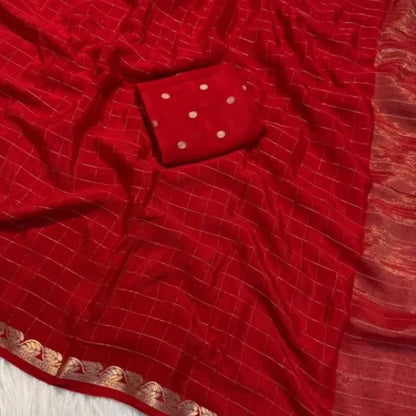 Nemesis Red Banarasi Georgette Silk Saree With Charming Blouse Piece