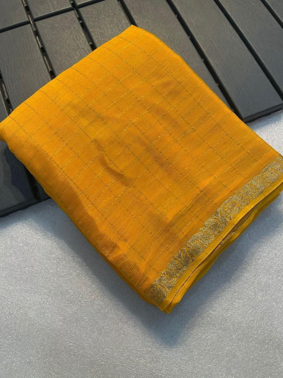 Blooming Yellow Banarasi Georgette Silk Saree With Wonderful Blouse Piece