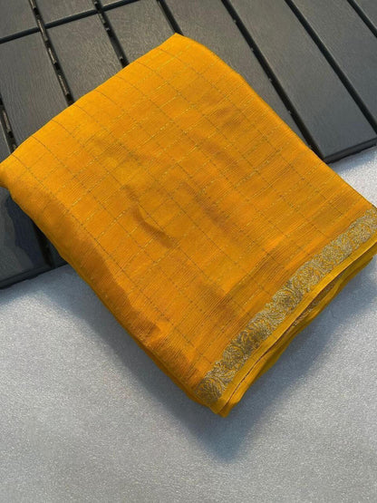 Blooming Yellow Banarasi Georgette Silk Saree With Wonderful Blouse Piece
