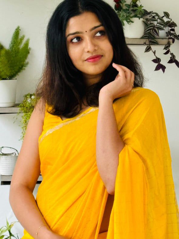 Blooming Yellow Banarasi Georgette Silk Saree With Wonderful Blouse Piece