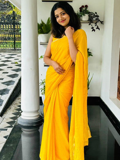 Blooming Yellow Banarasi Georgette Silk Saree With Wonderful Blouse Piece