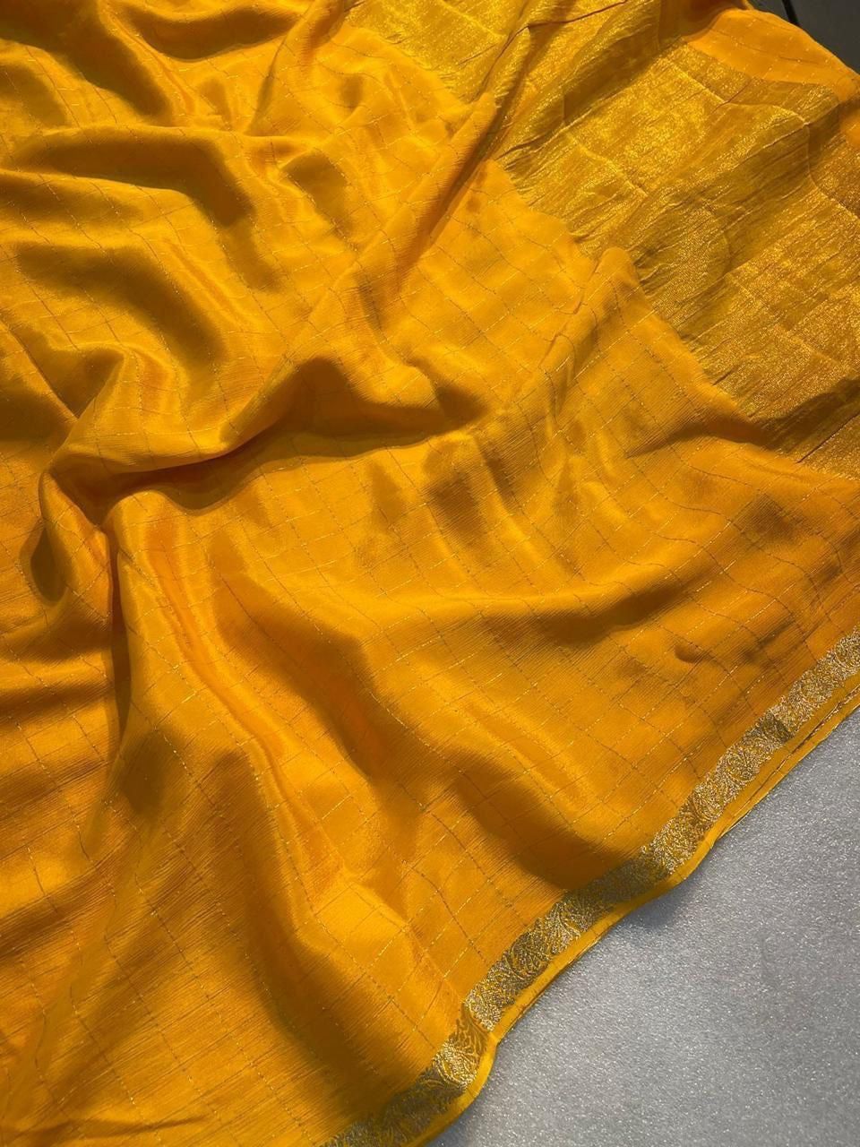 Blooming Yellow Banarasi Georgette Silk Saree With Wonderful Blouse Piece