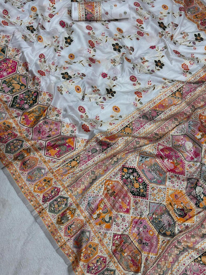 Diaphanous Off White Pashmina Silk Saree With Desuetude Blouse Piece