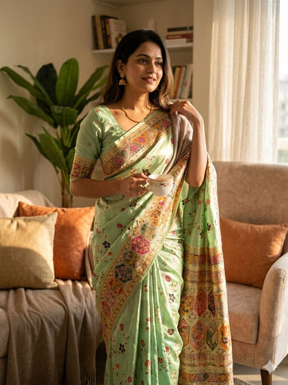 Wonderful Pista Pashmina Silk Saree With Jubilant Blouse Piece