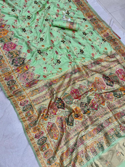 Wonderful Pista Pashmina Silk Saree With Jubilant Blouse Piece
