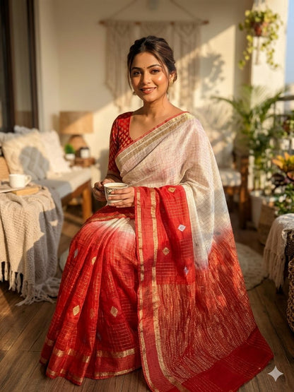 Elegant Beige and Red Pure Zari Weaving Banarasi Silk Saree With Forbearance Blouse Piece