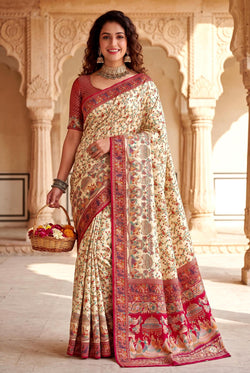 Scrumptious Beige Pashmina Silk Saree With Seraphic Blouse Piece