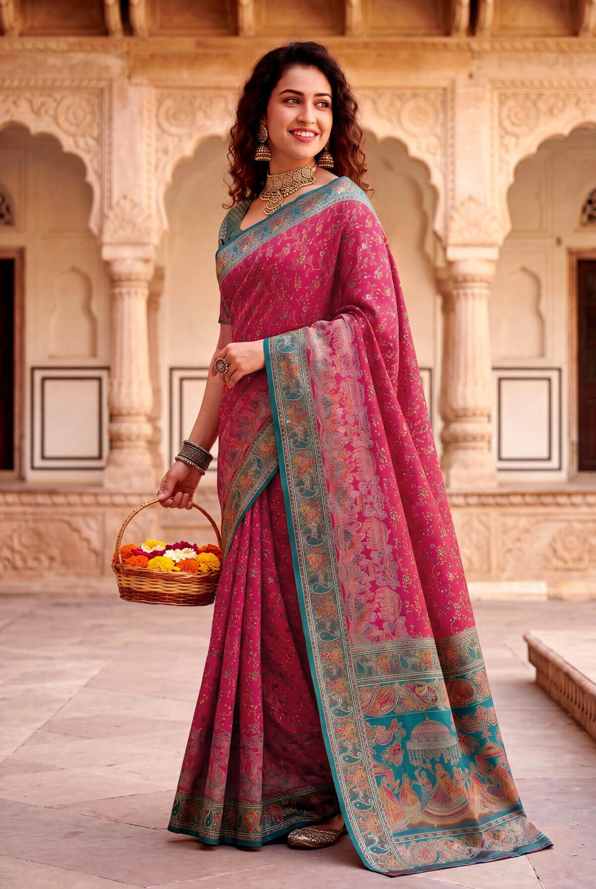 Eclat Dark Pink Pashmina Silk Saree With Fantabulous Blouse Piece