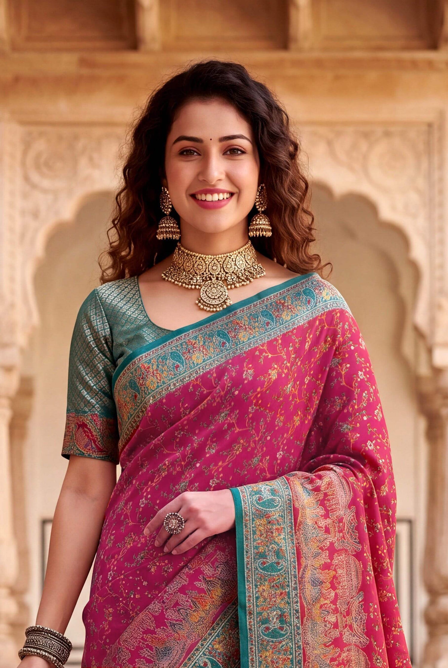 Eclat Dark Pink Pashmina Silk Saree With Fantabulous Blouse Piece